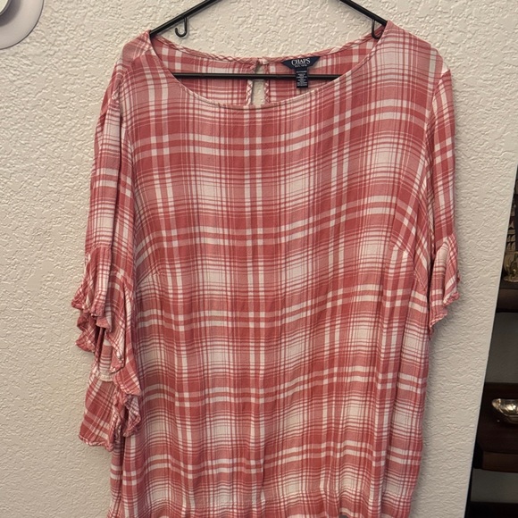 Chaps Tops - Chaps Coral Pink Plaid Ruffle-Sleeve Blouse